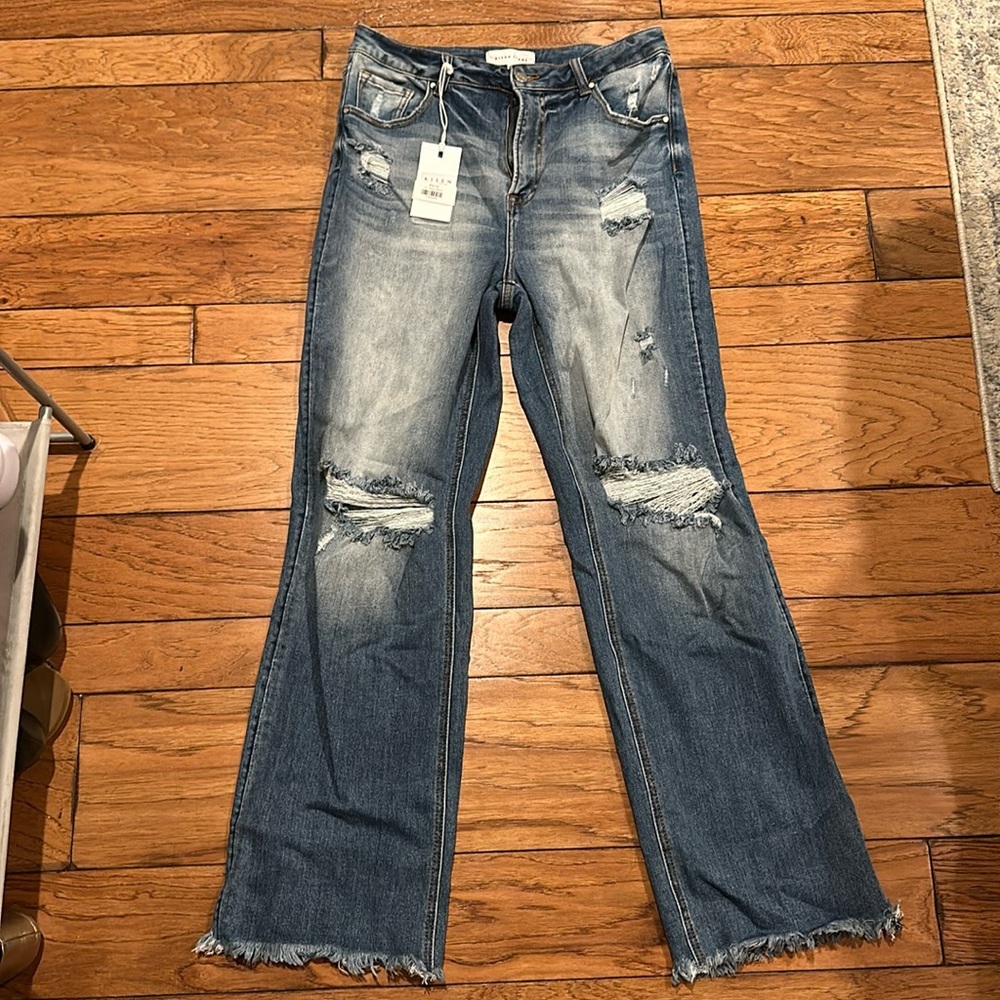 Fun, distressed, light flare jeans